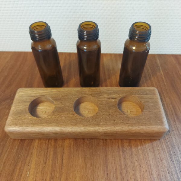 3 Stekvaasjes/bloemenvaasjes in hardhouten houder. - Afbeelding 4